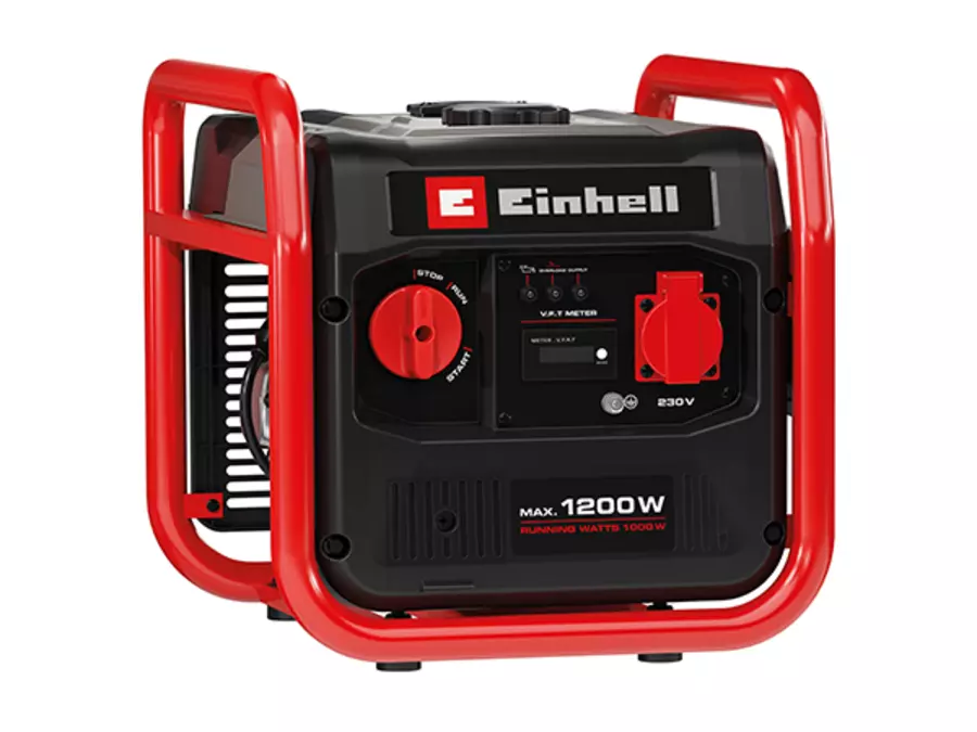 O gerador Einhell TC-IG 1200 em fundo branco com estrutura vermelha e controles pretos.