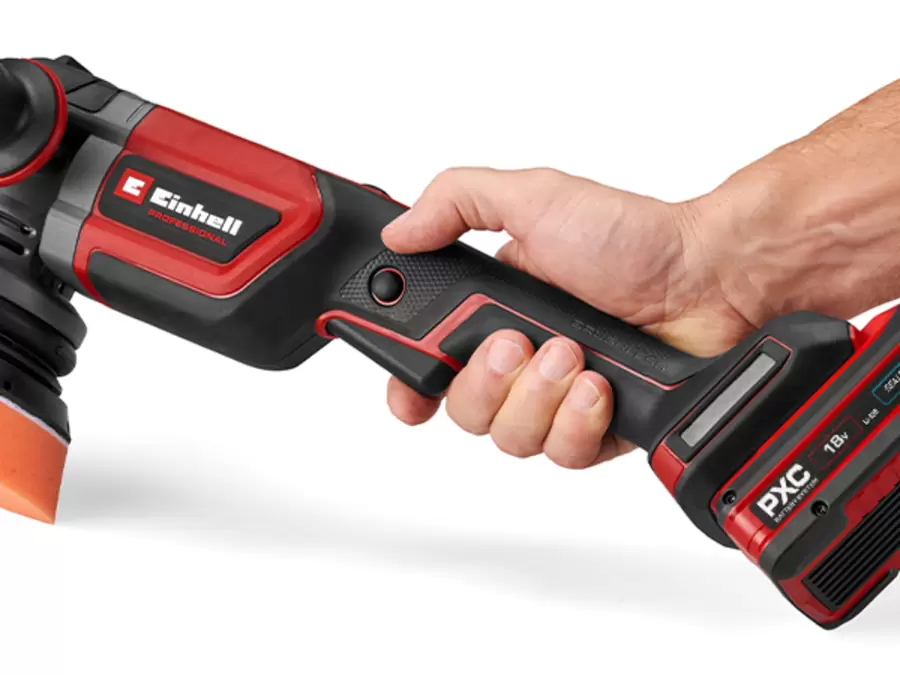 The locking button for continuous operation of the Einhell cordless eccentric polisher CP-EP 18/125 Li BL-Solo is pressed and held down.