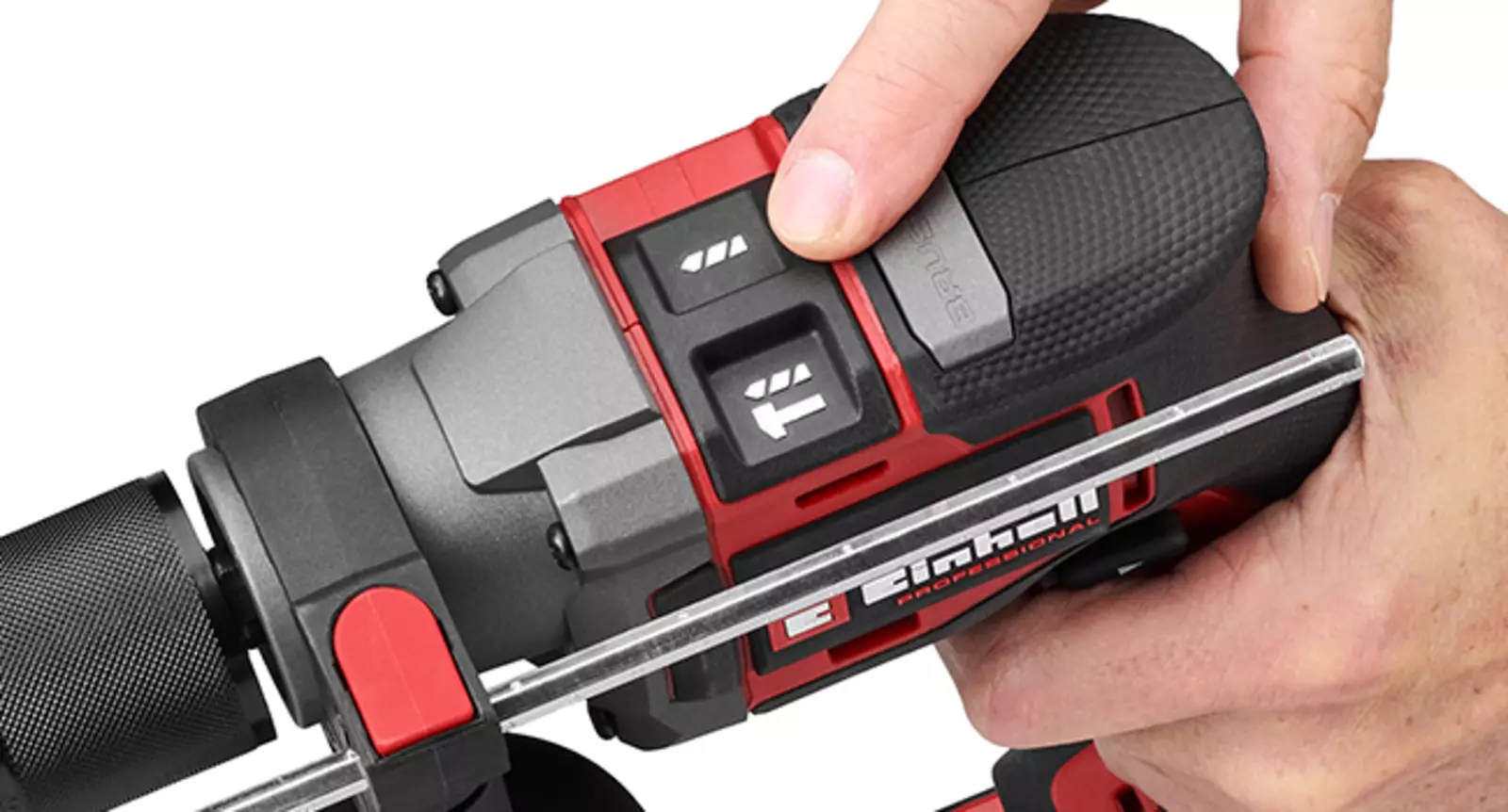 Close-up view of the Einhell cordless hammer drill TP-ID 18-C Li BL, featuring a switch to select between impact drilling and standard drilling.