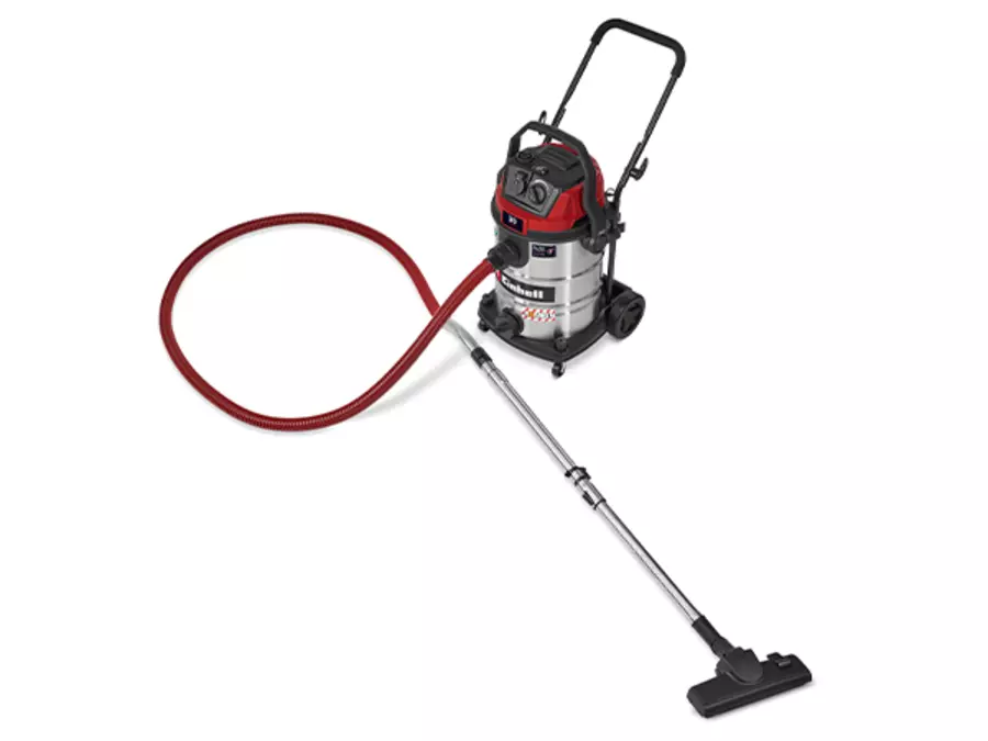Complete view of the Einhell wet/dry vacuum cleaner TE-VC 3080 SACL with red suction hose and telescopic tube.