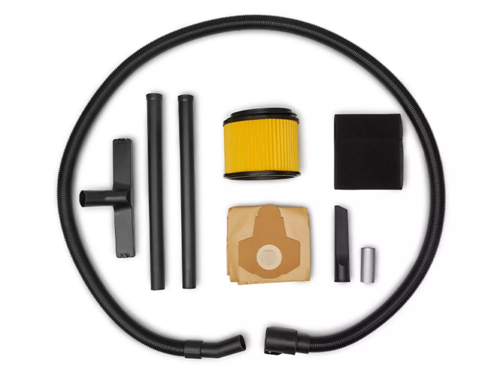 Accessories set for the Einhell wet/dry vacuum cleaner TC-VC 3055 SA with suction hose, extension tubes, floor nozzle, pleated filter, foam filter, paper filter bag and adapter.