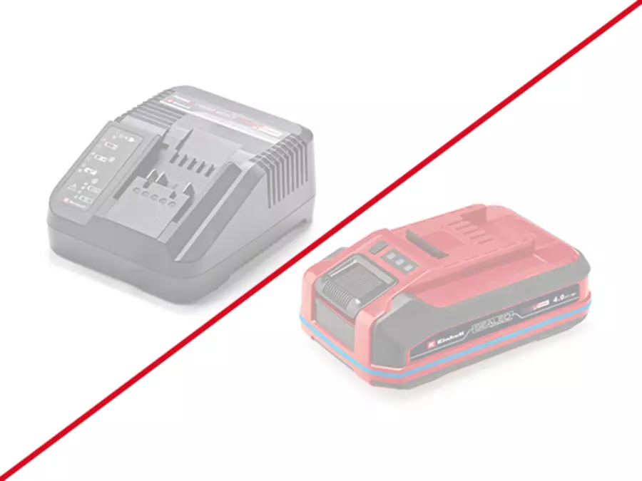 Einhell battery and charger are shown faded and crossed out.