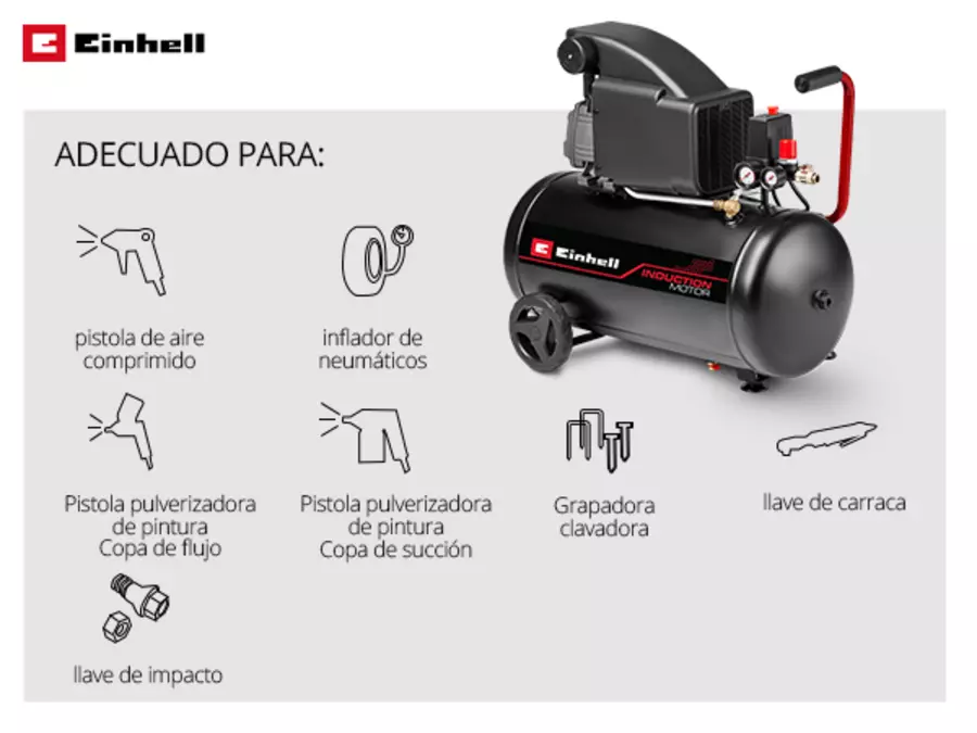 El compresor Einhell TC-AC 270/50/10 con accesorios, apto para pistolas de aire comprimido, infladores de neumáticos, pistolas pulverizadoras de pintura, grapadoras, llaves de carraca y llaves de impacto.