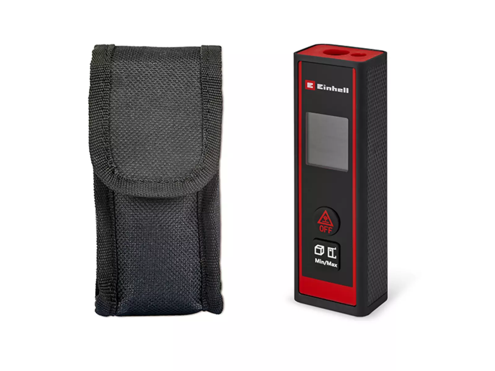 O Einhell medidor de distância a laser TC-LD 40 R em preto-vermelho ao lado de uma bolsa de transporte preta com fecho autoaderente.