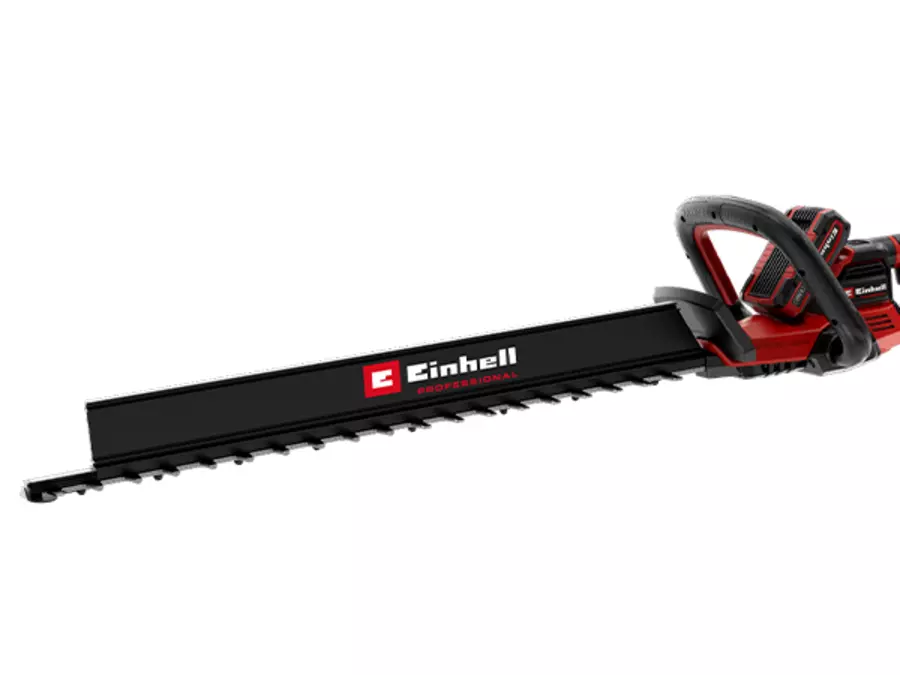 The Einhell cordless hedge trimmer GP-CH 36/65 Li BL-Solo with attached clippings collector on a white background.