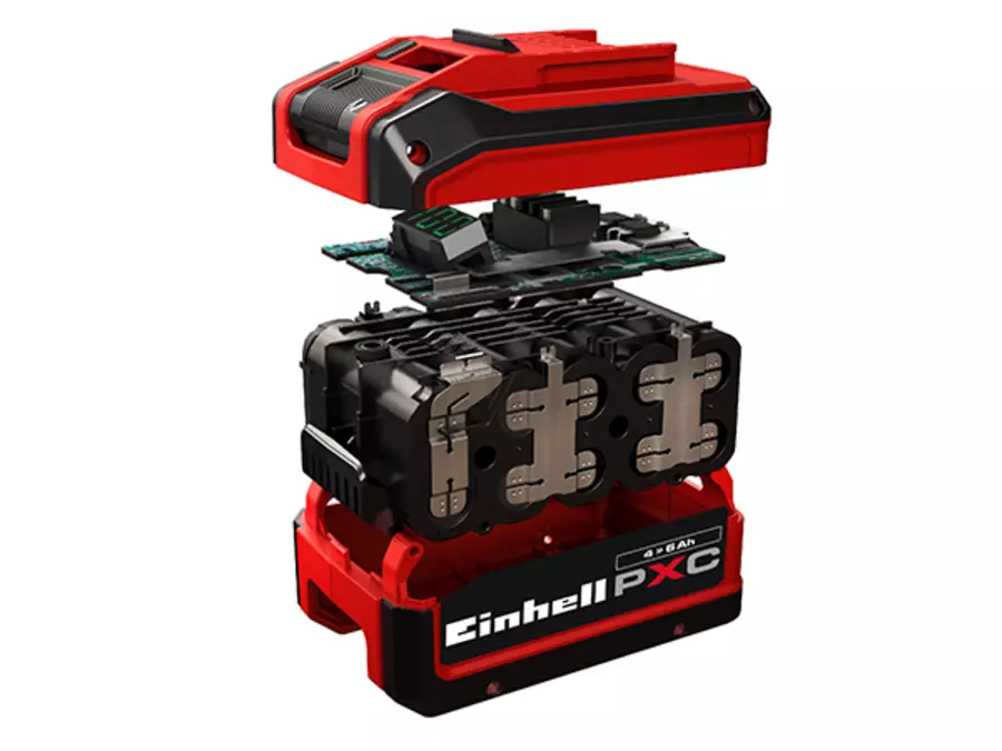 Exploded view of an Einhell Power X-Change battery showing internal cell packs and electronic components.
