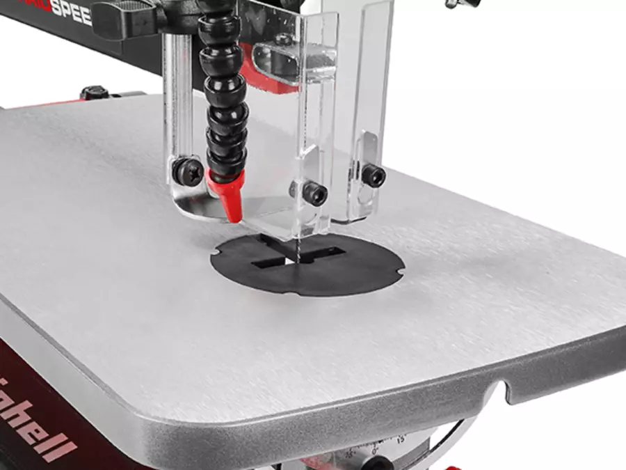 The Einhell scroll saw TE-SS 406 Vario FP with a blowing system above the saw blade, shown against a white background.