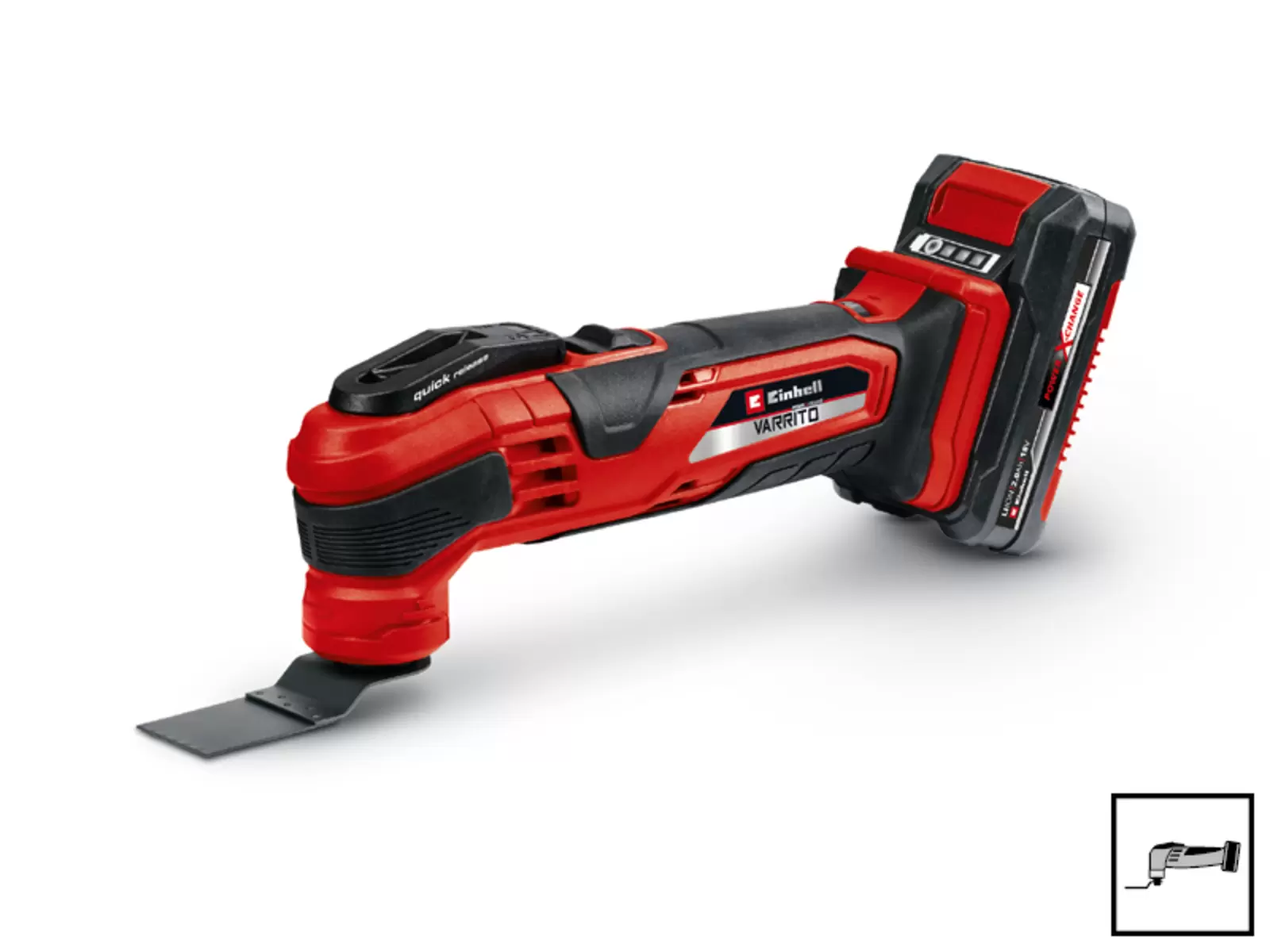 Close-up of a red and black cordless Einhell multifunction tool in a slanted side view, with an inserted saw blade attachment and matching pictogram at the bottom right.