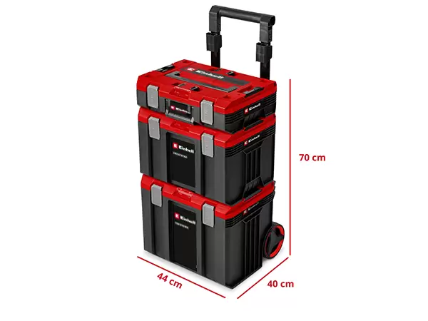 Einhell Pro System Sealed Rolling Workshop stacked as a mobile storage system with wheels and dimensions of 70 cm high, 44 cm long and 40 cm wide.