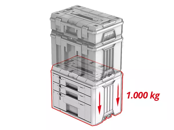 Graphic showing stacked E-Cases and a note showing the max. payload "1,000 kg".