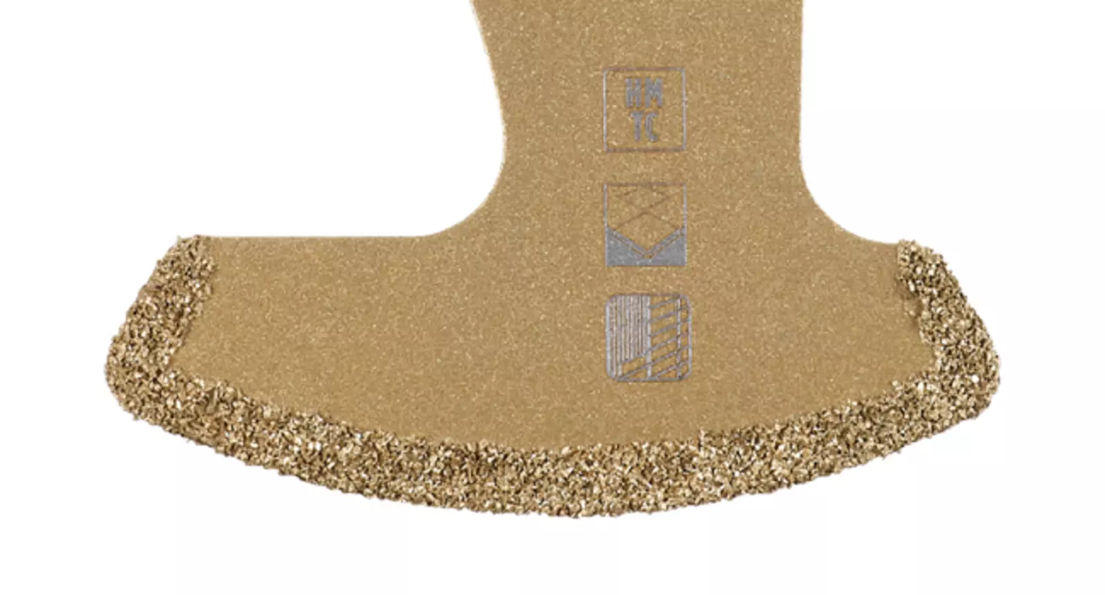 Close-up of the carbide-coated cutting edge of a gold-coloured segment blade from Einhell with three application icons.