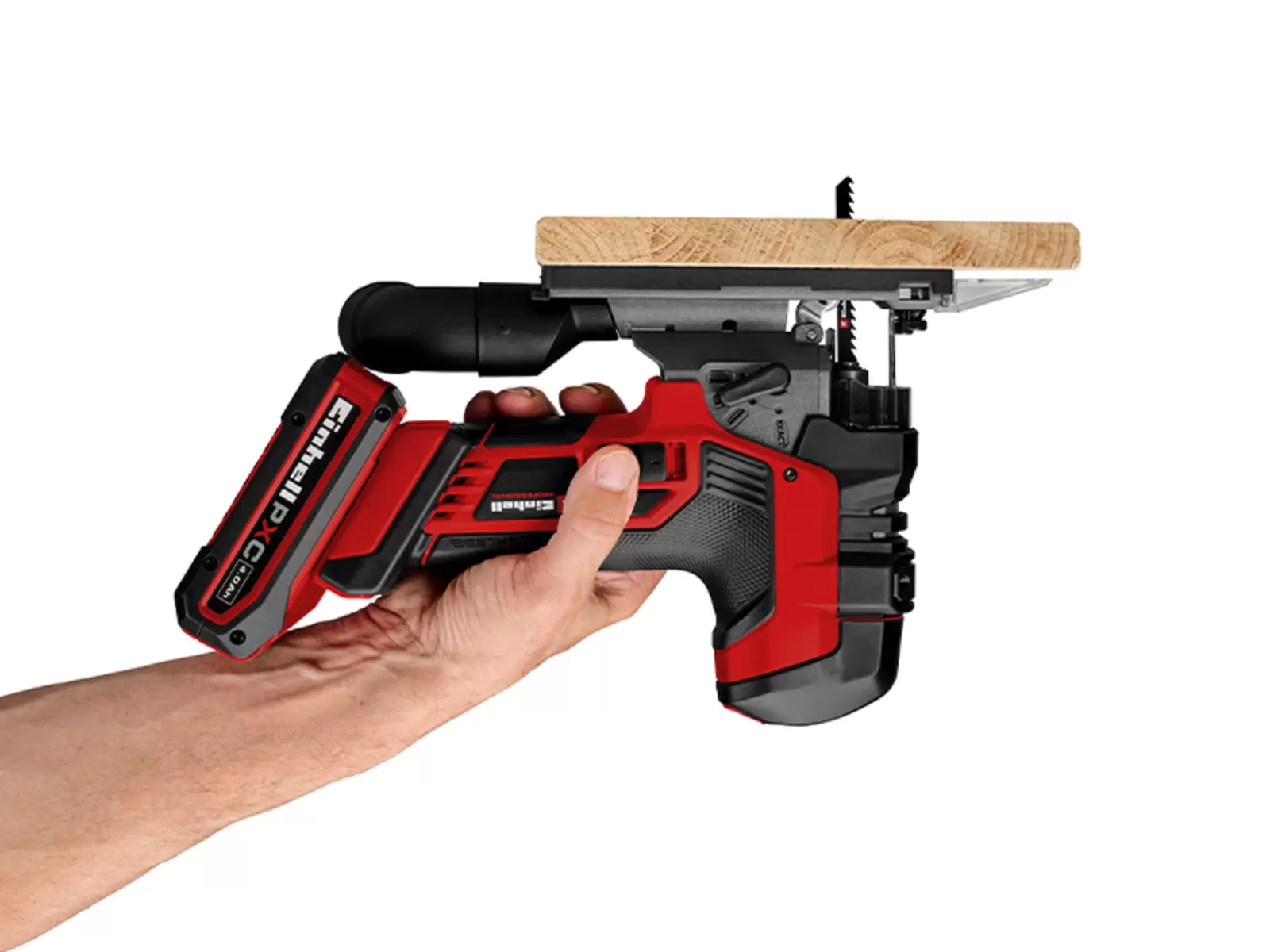 The Einhell Professional TP-JST 18/135 Li BL S-F cordless jigsaw – sold on its own with a T-style handle – is guided overhead for sawing beneath a tabletop.