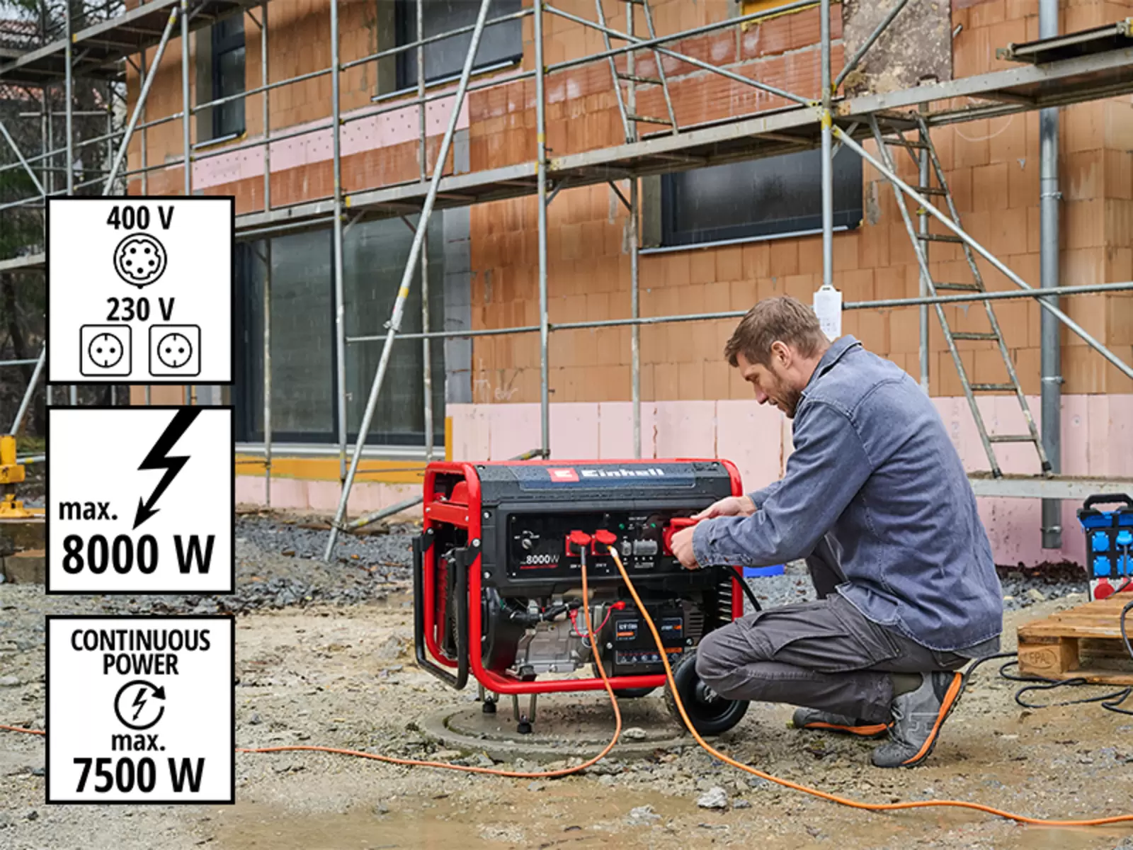 The Einhell TC-PG 8000 power generator on a construction site. Text in image: “400 V”, “230 V”, “max. 8000 W”, “CONTINUOUS POWER max. 7500 W”.