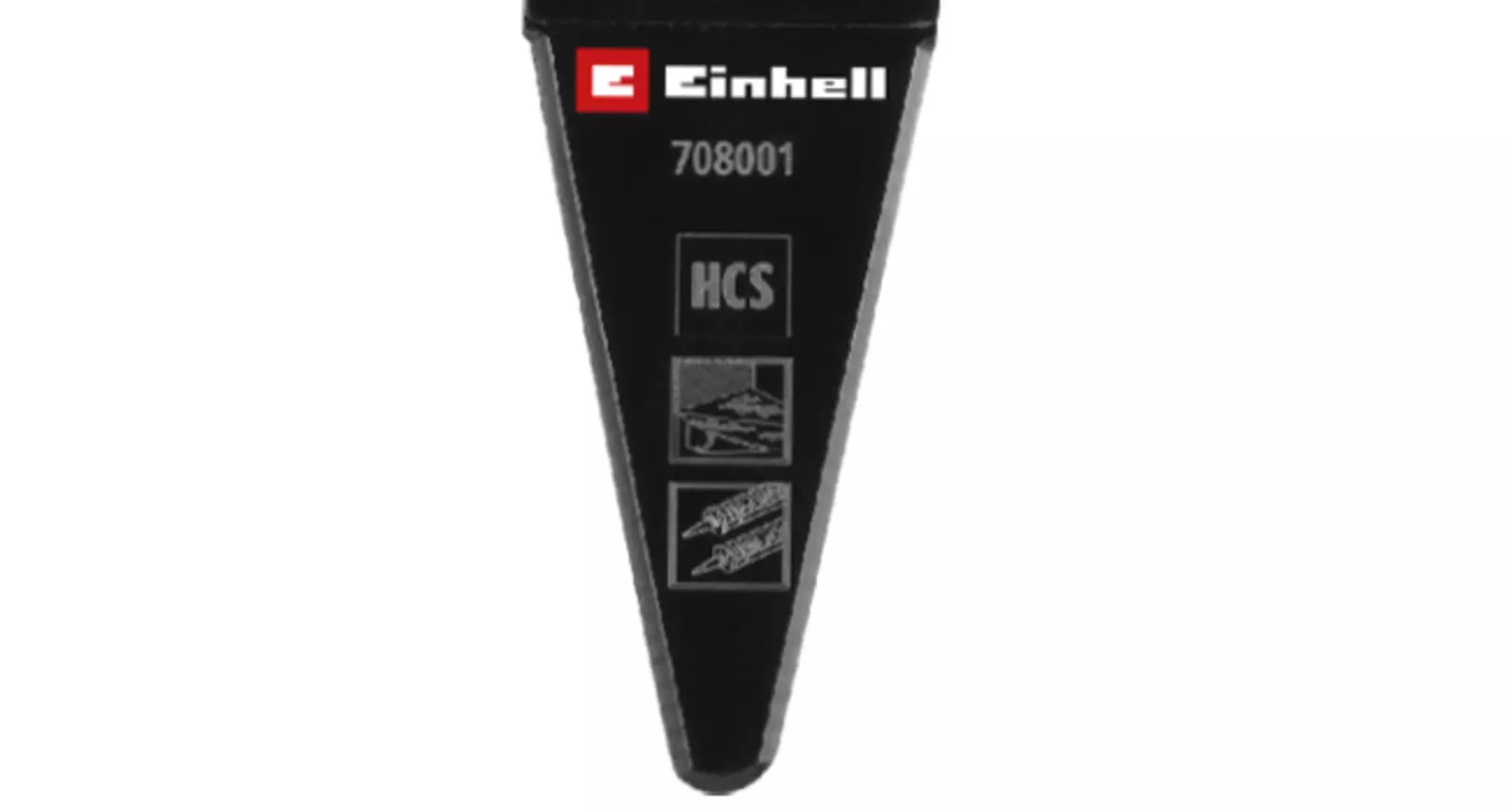 Detailansicht der Spitze des HCS-Schabermessers von Einhell mit aufgedrucktem HCS-Piktogramm sowie Piktogrammen für Teppichreste und Silikonrückstände.