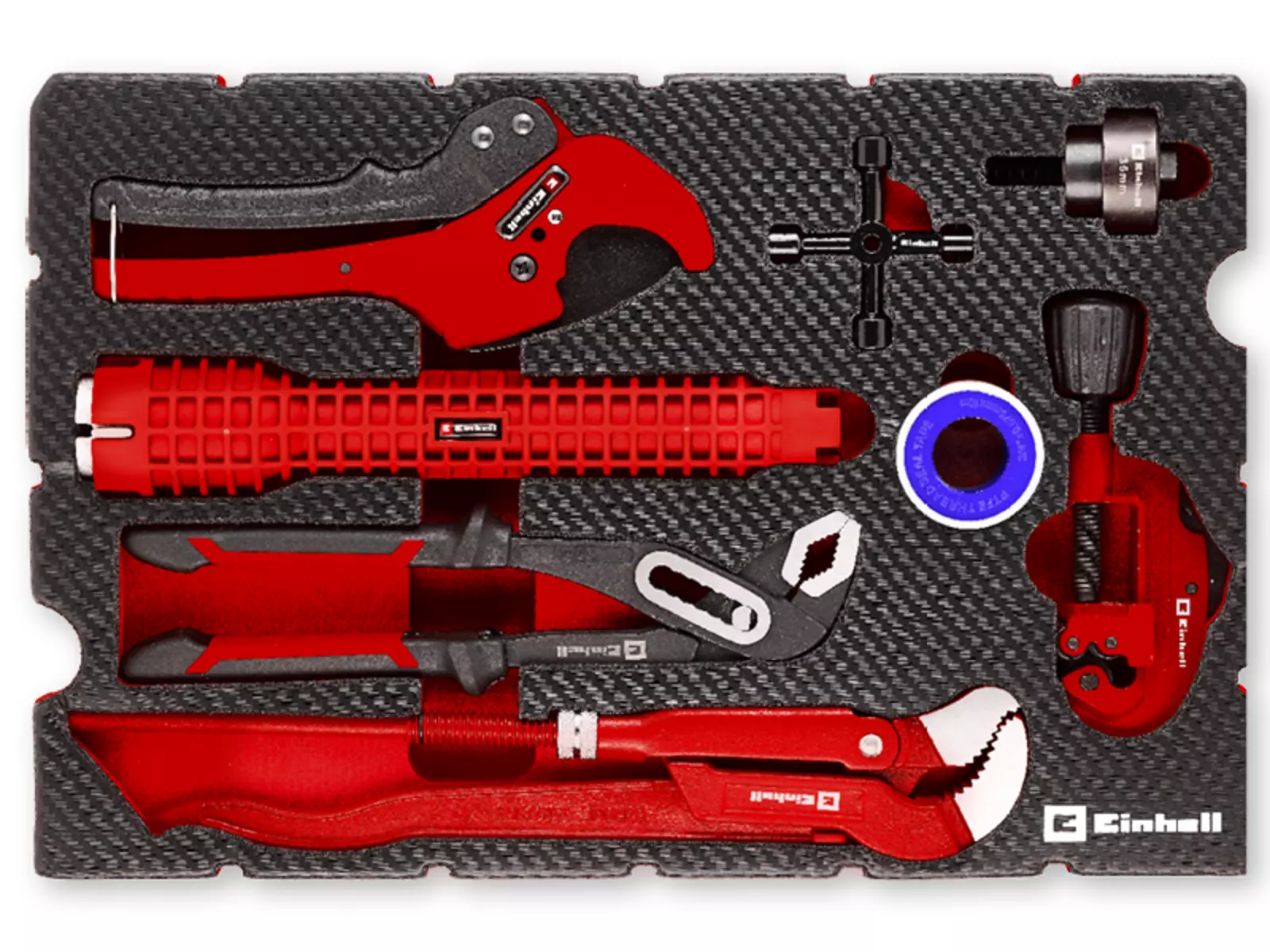 Close-up of a 9-piece Einhell plumbing tool set, including two pipe wrenches, pipe cutter, deburrer, multifunction key and PTFE sealing tape, stored in a sturdy carbon-look EVA pad.