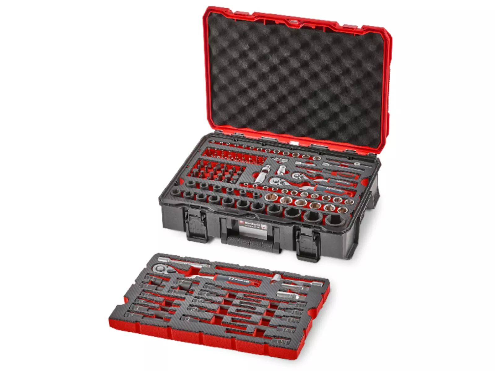 Opened Einhell automotive tool case with 121 parts in EVA foam insert; two layers with impact sockets, ratchets, bits and accessories.