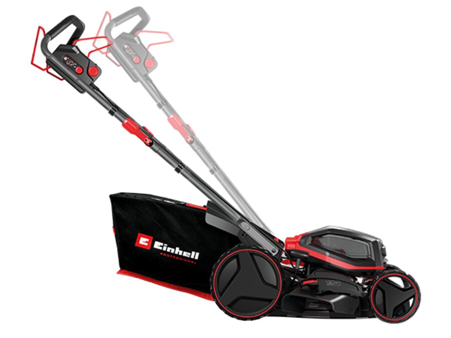 Side view of the Einhell Professional 36V 470mm Self-Propelled Steel Deck Lawn Mower Kit with foldable handle and grass catcher on a white background.