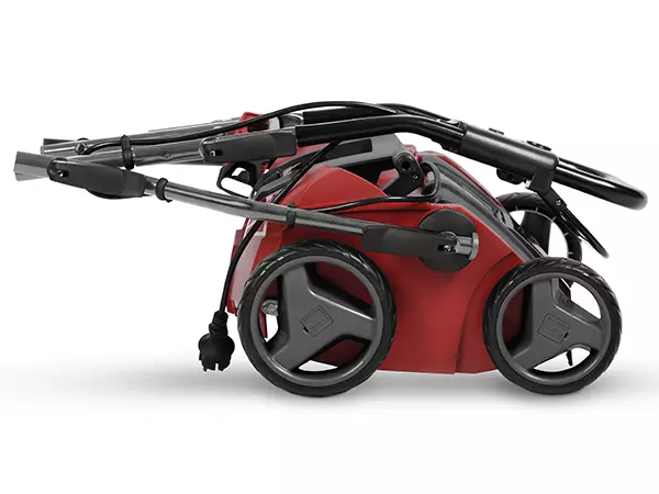 Der Einhell Elektro-Vertikutierer-Lüfter GE-SA 1640 zusammengeklappt mit eingeklapptem Führungsholm und rotem Pfeil.