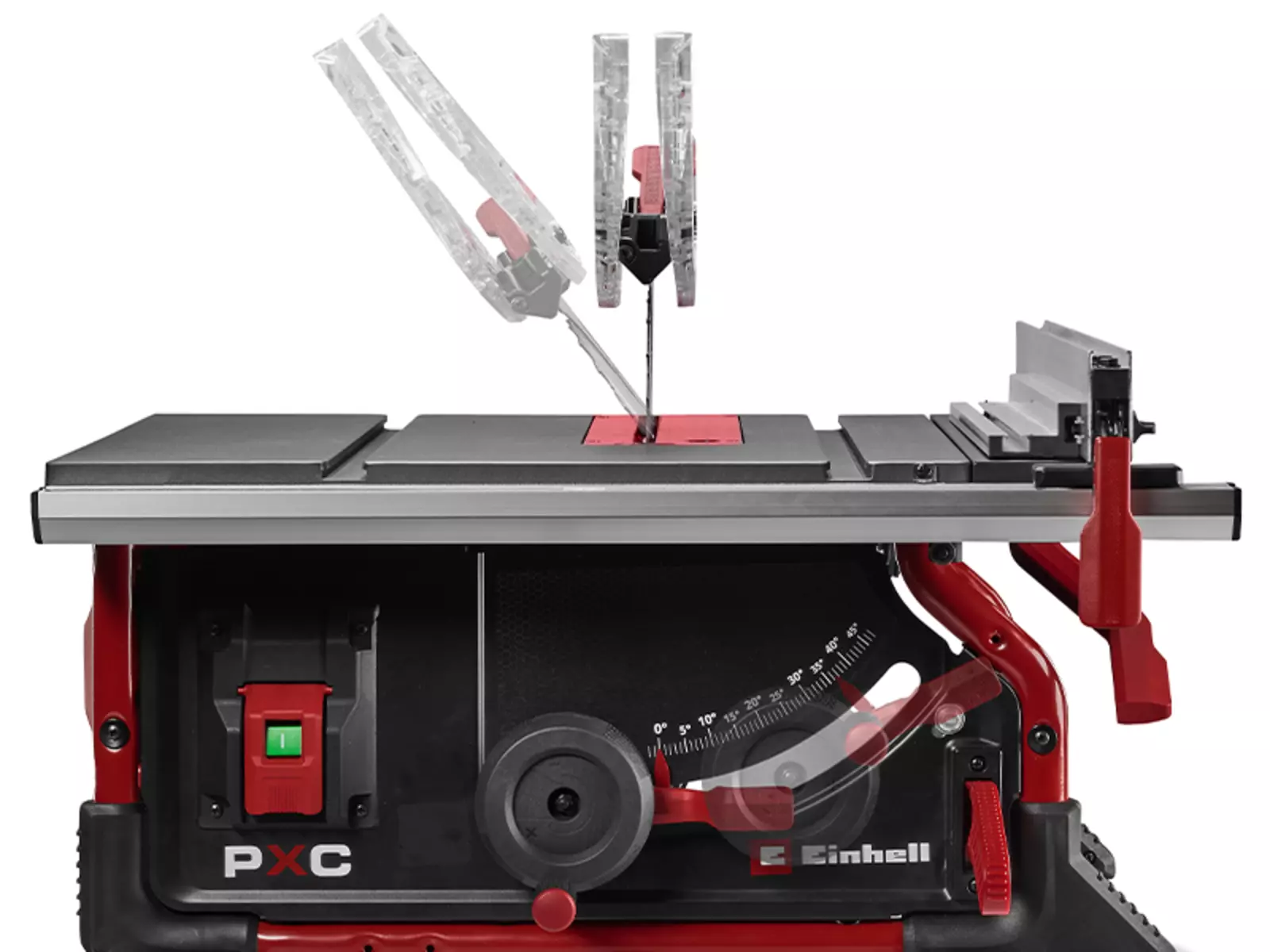 Side view of the Einhell cordless table saw TE-TS 36/10 T Li – Solo with continuously adjustable saw blade angle.