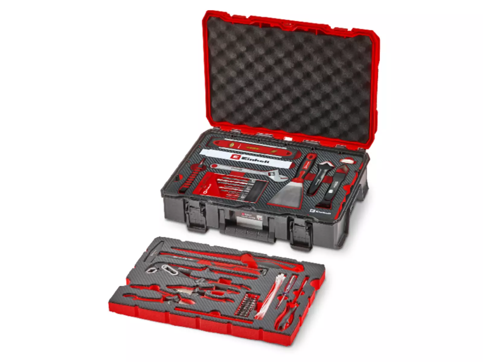 Opened Einhell renovation tool case with two layers; visible are handsaw, spirit level, scraper, pliers, screwdriver and drill bit set.