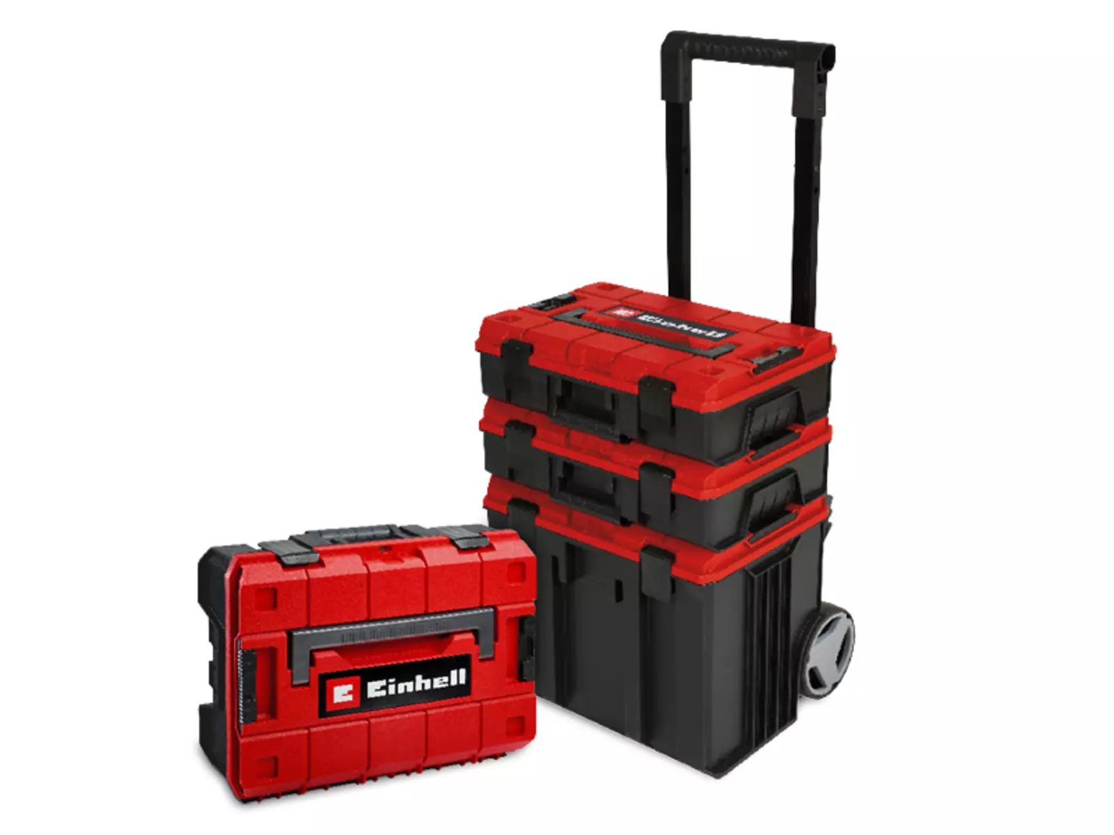Einhell E-Case system with three stackable red cases on a trolley and one separate closed case with handle.