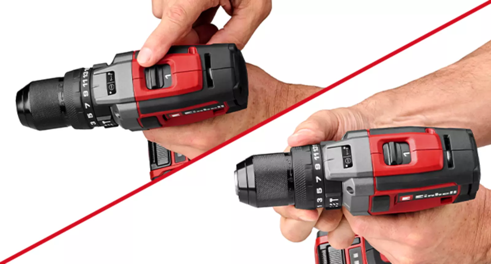 Vista de perto do interruptor da engrenagem de 2 velocidades no Einhell berbequim de impacto a bateria TE-CD 18/52 Li-i.
