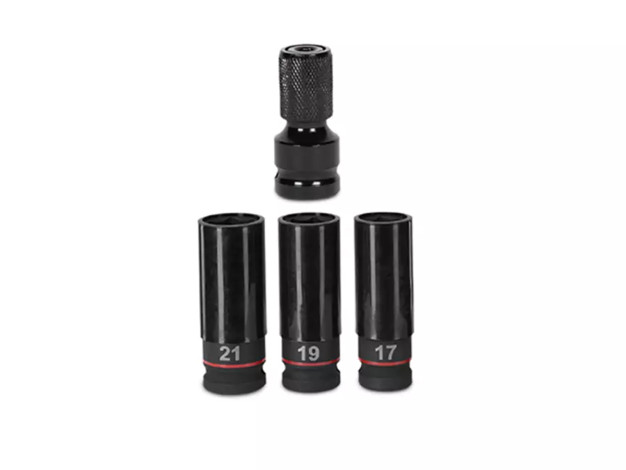Three black sockets with red size markings (17, 19, 21 mm) and one adapter as accessories for the Einhell cordless impact wrench TP-CW 18/750-C Li BL.