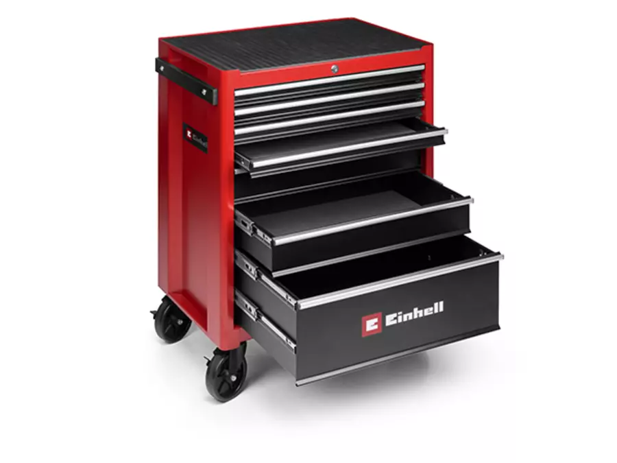 Der Einhell Werkstattwagen TC-TW 150 mit sieben voll ausziehbaren Schubladen in geöffneter Ansicht.