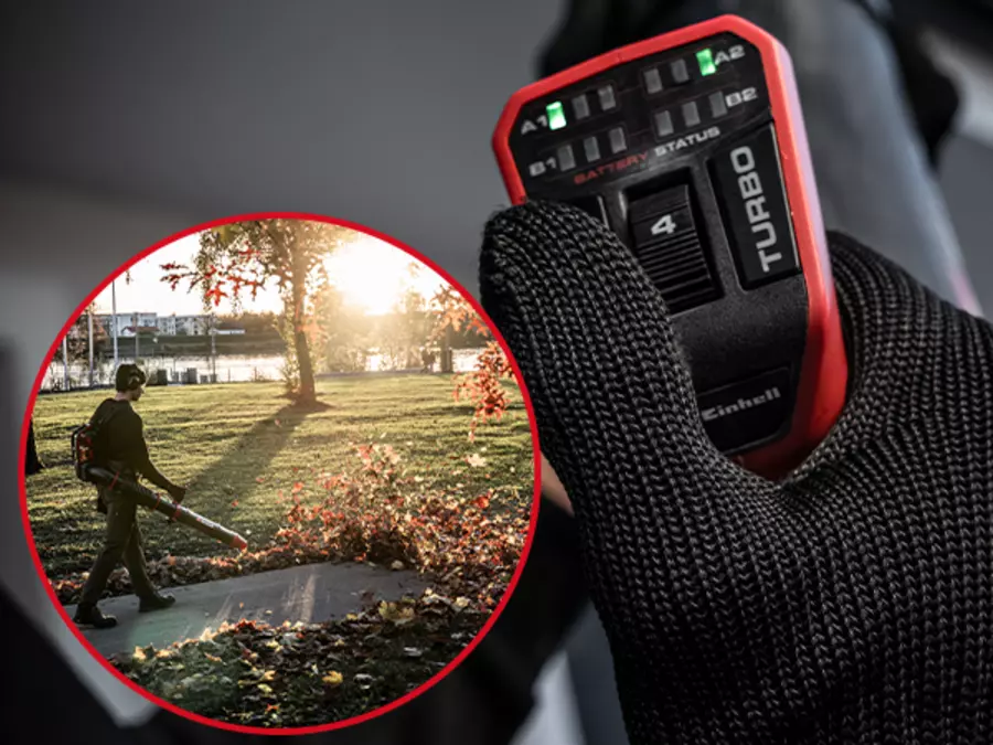 Close-up of the Einhell cordless leaf blower handle with speed control and a round inset image showing use in a park.
