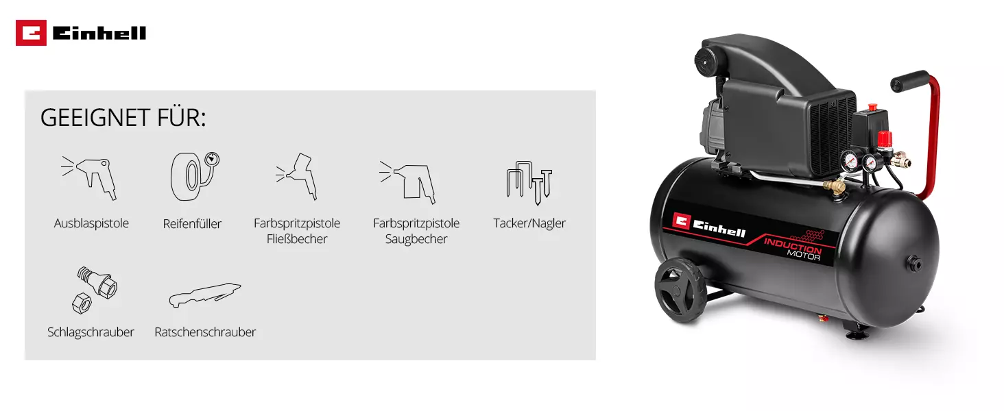 Der Einhell Kompressor TC-AC 270/50/10 mit Zubehörgrafik, geeignet für Ausblaspistole, Reifenfüller, Farbspritzpistolen, Tacker, Ratschenschrauber und Schlagschrauber.