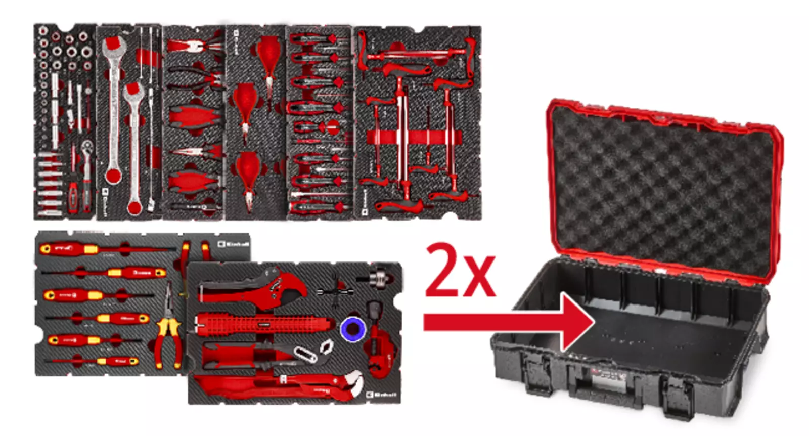 Several equipped tool pads are shown fanned out; an arrow marked “2x” shows that two pads fit into the open tool case.