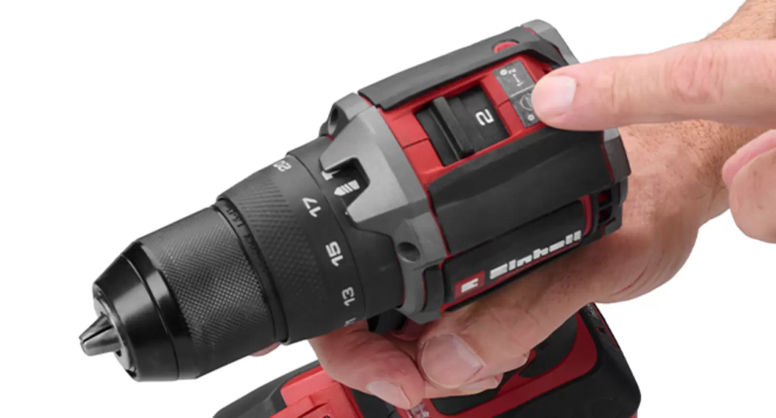 A hand sets gear 2 on the two-speed gearbox of the Einhell Professional Cordless Impact Drill Driver TP-CDD 18/501-C Li-i +70 (3Ah).