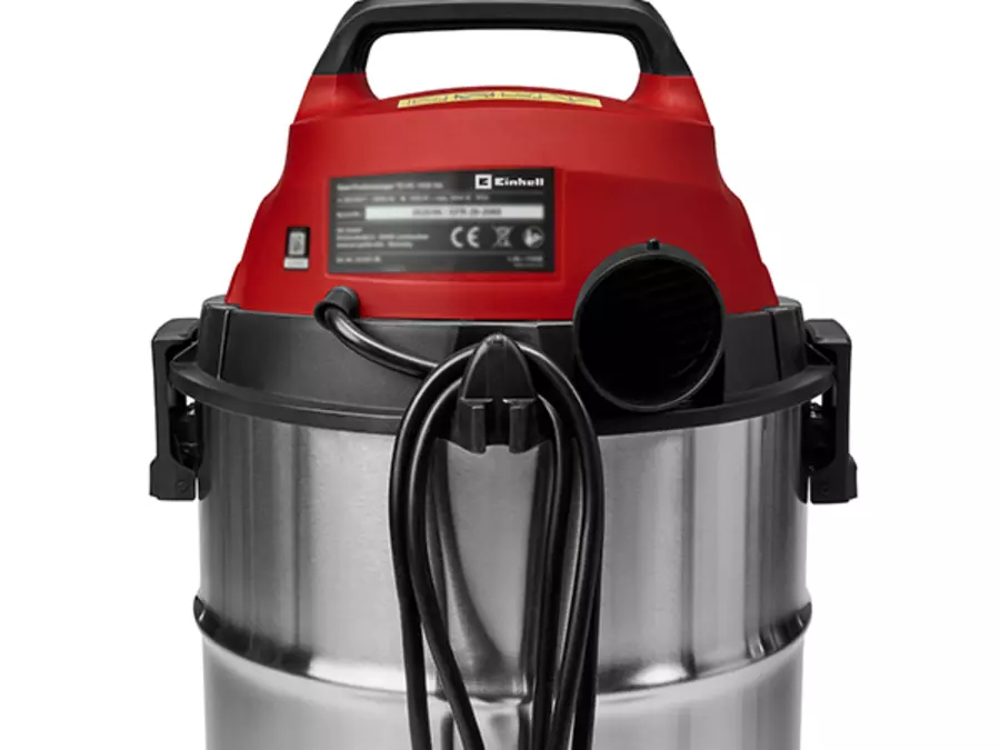 Rear view of the Einhell wet/dry vacuum cleaner TC-VC 3055 SA with wound-up power cable on the cable holder.