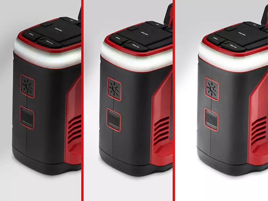 Three views of the Einhell cordless energy station TE-ES 18/150/1 Li-C-Solo with dimmable light at different brightness levels.