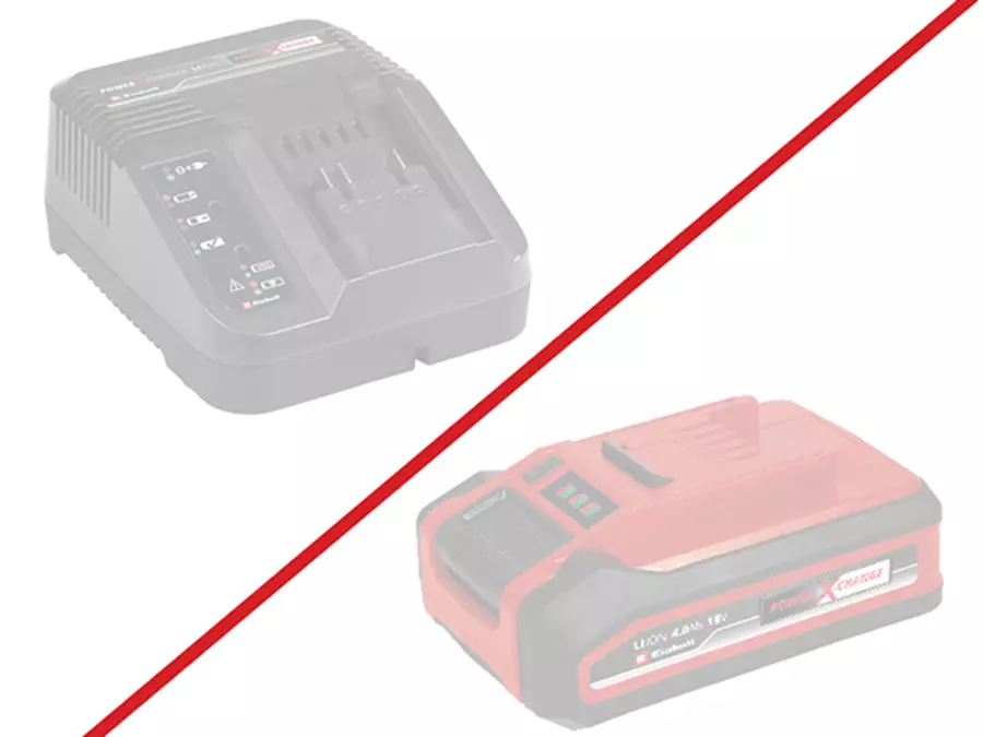 Power X-Change Akkus und Ladegerät sind nicht im Lieferumfang der Einhell Akku-Tischkreissäge TE-TS 36/8 T Li-Solo enthalten.