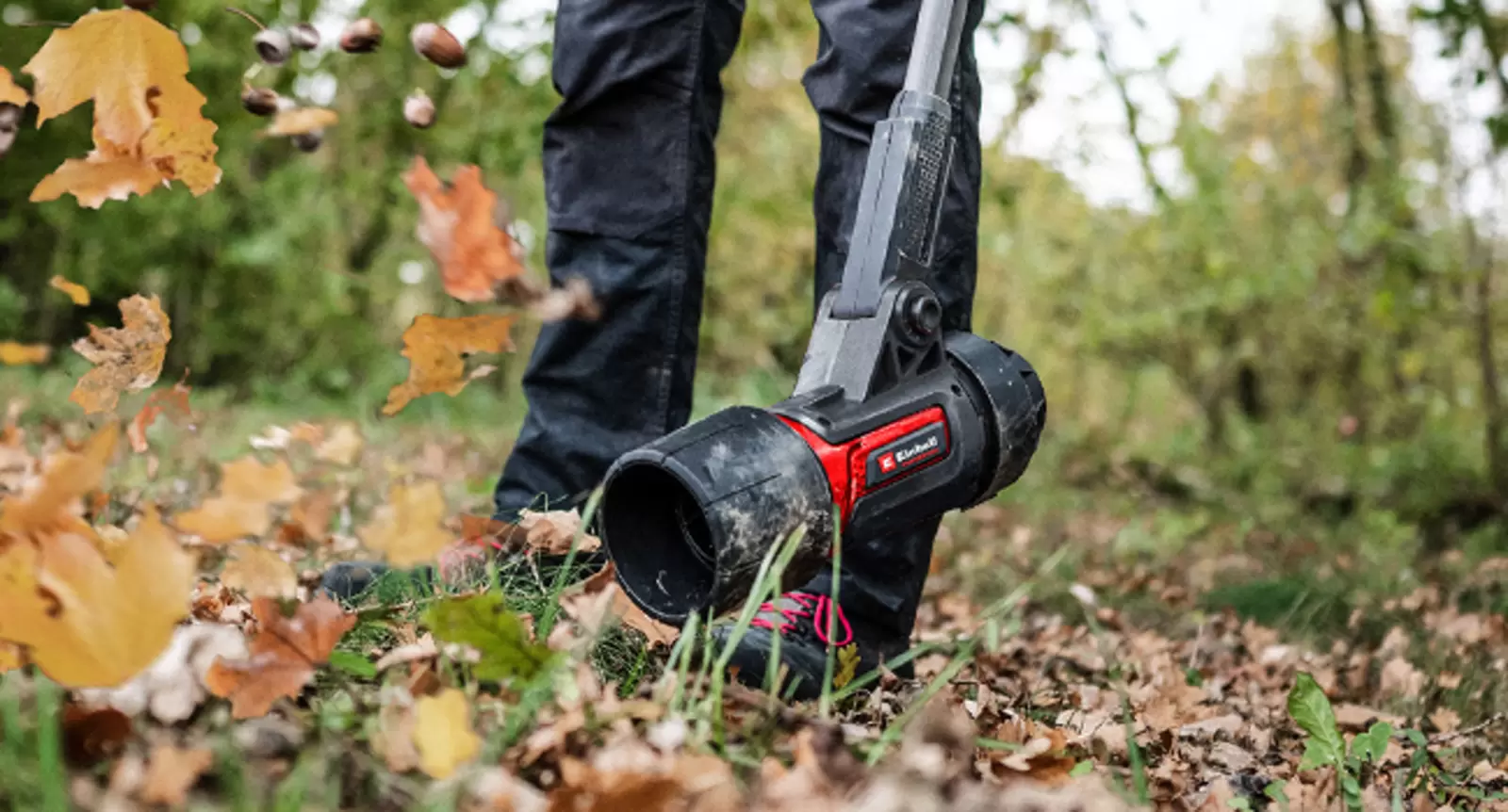 The Einhell Professional 36V Brushless Pro Blast Leaf Blower used for removing leaves.