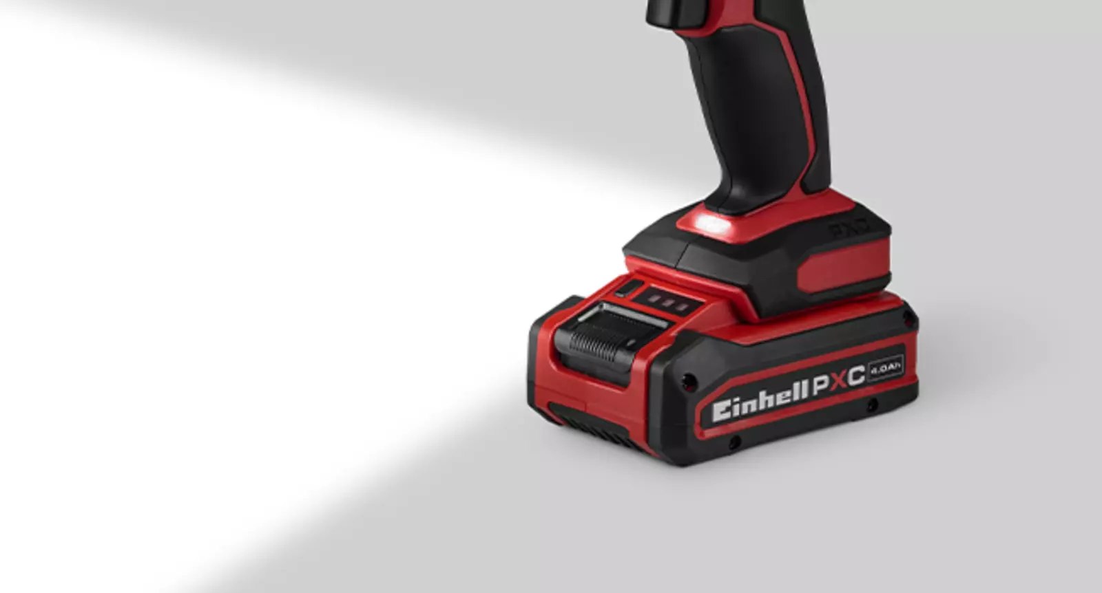 LED light on the underside of the Einhell cordless drill TC-CD 18/38 Li - Solo visible above the battery.