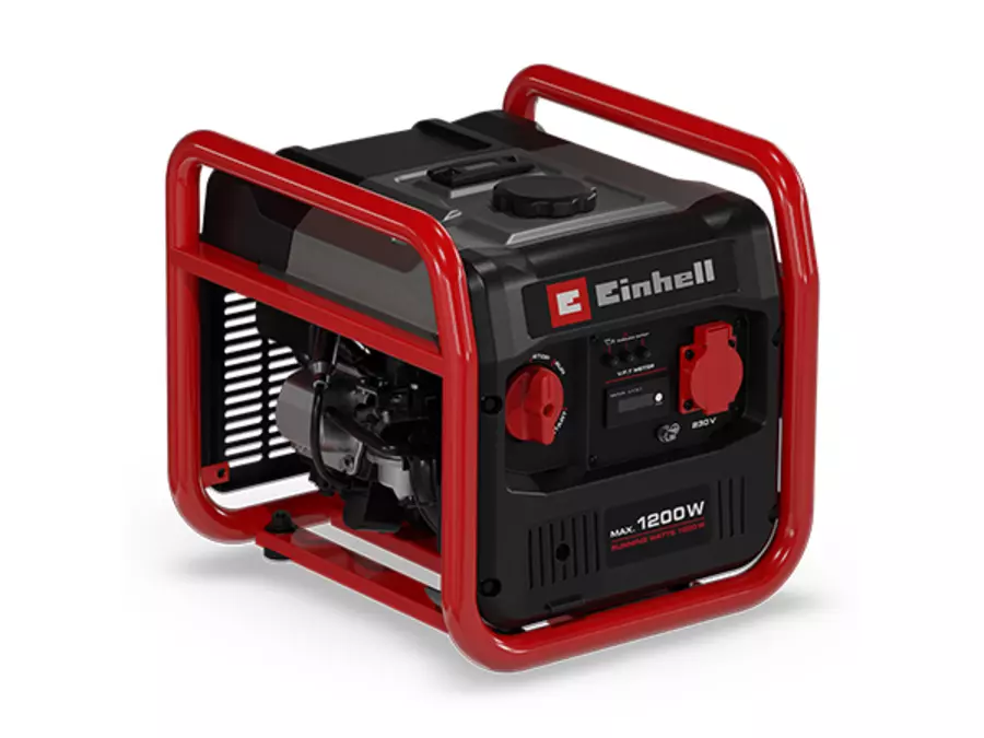O gerador Einhell TC-IG 1200 em fundo branco em vista lateral com estrutura vermelha e ranhuras de ventilação.