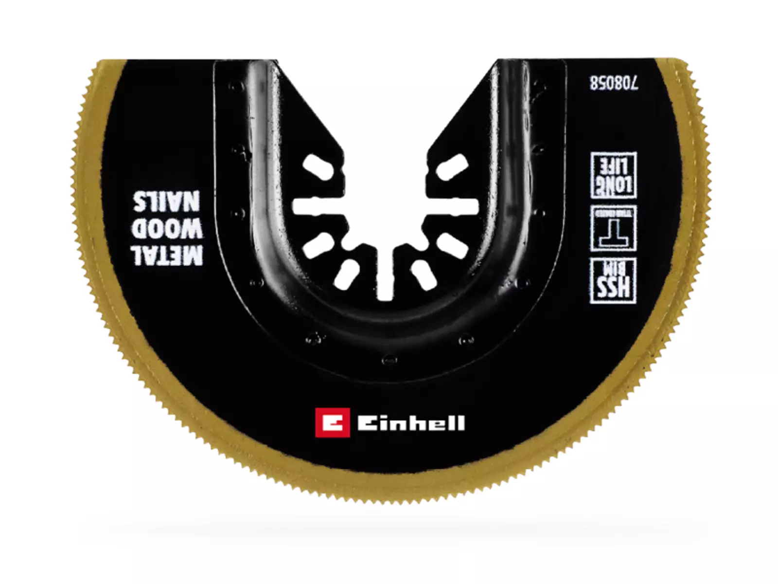 Half-round, black Einhell multitool saw blade with titanium coating, labelled “METAL WOOD NAILS”, with three pictograms for Long Life, HSS-BiM and titanium.