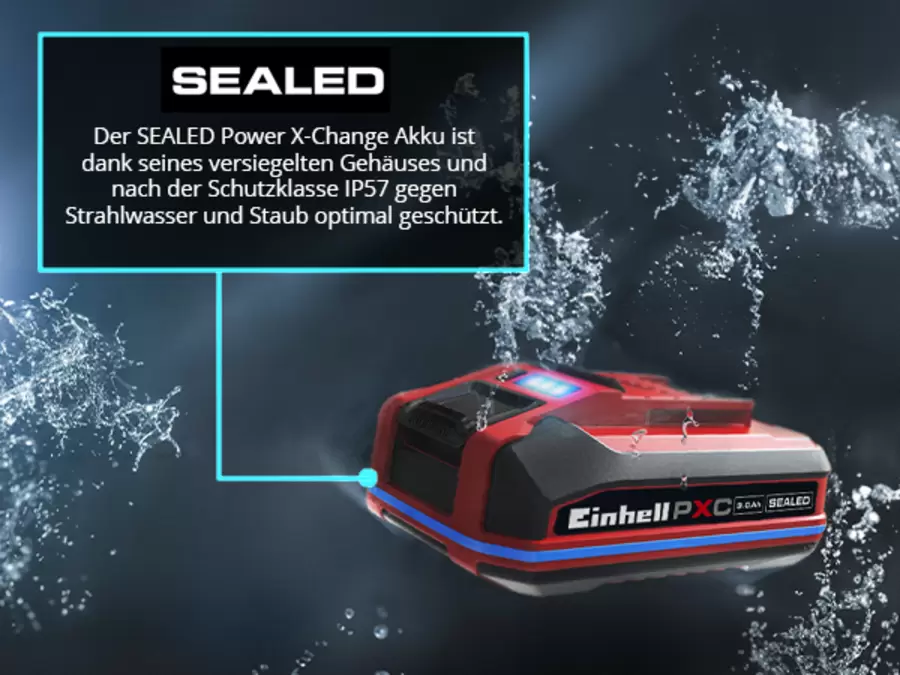 Der Einhell Akku 18V 4Ah PXC SEALED Twinpack ist von spritzendem Wasser umgeben. Die Einblendung erklärt, dass der SEALED Power X-Change Akku dank seines versiegelten Gehäuses nach IP57 gegen Strahlwasser und Staub geschützt ist.
