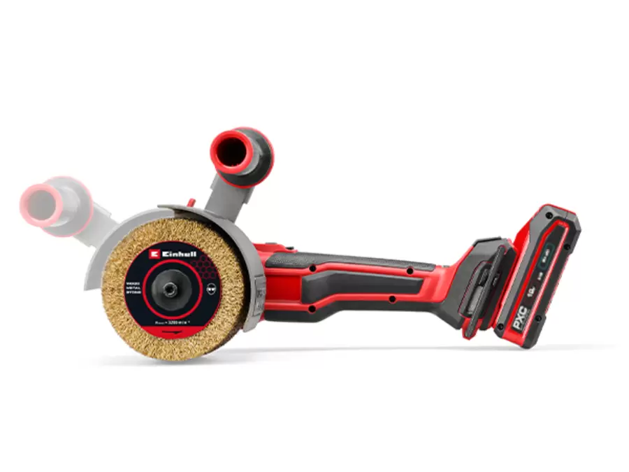 Side view of the Einhell cordless brush grinder TP-BR 18/32 Li BL - Solo with mounted round brush.