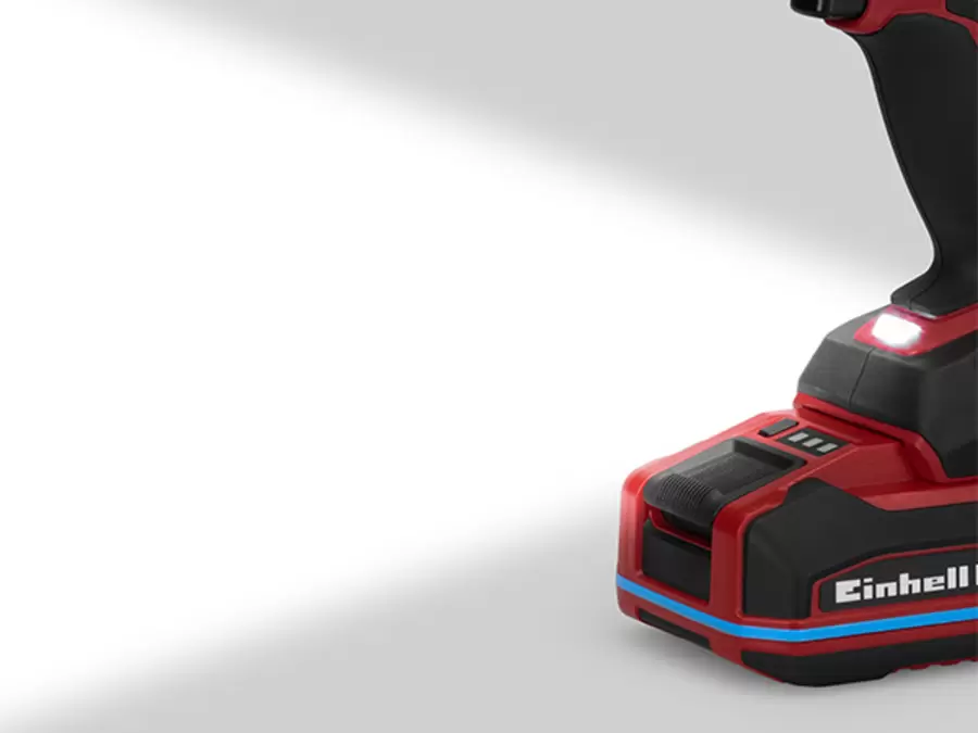 The LED light on the Einhell Professional Cordless Impact Drill Driver TP-CDD 18/501-C Li-i +70 (3Ah) illuminates the area in front of the tool.