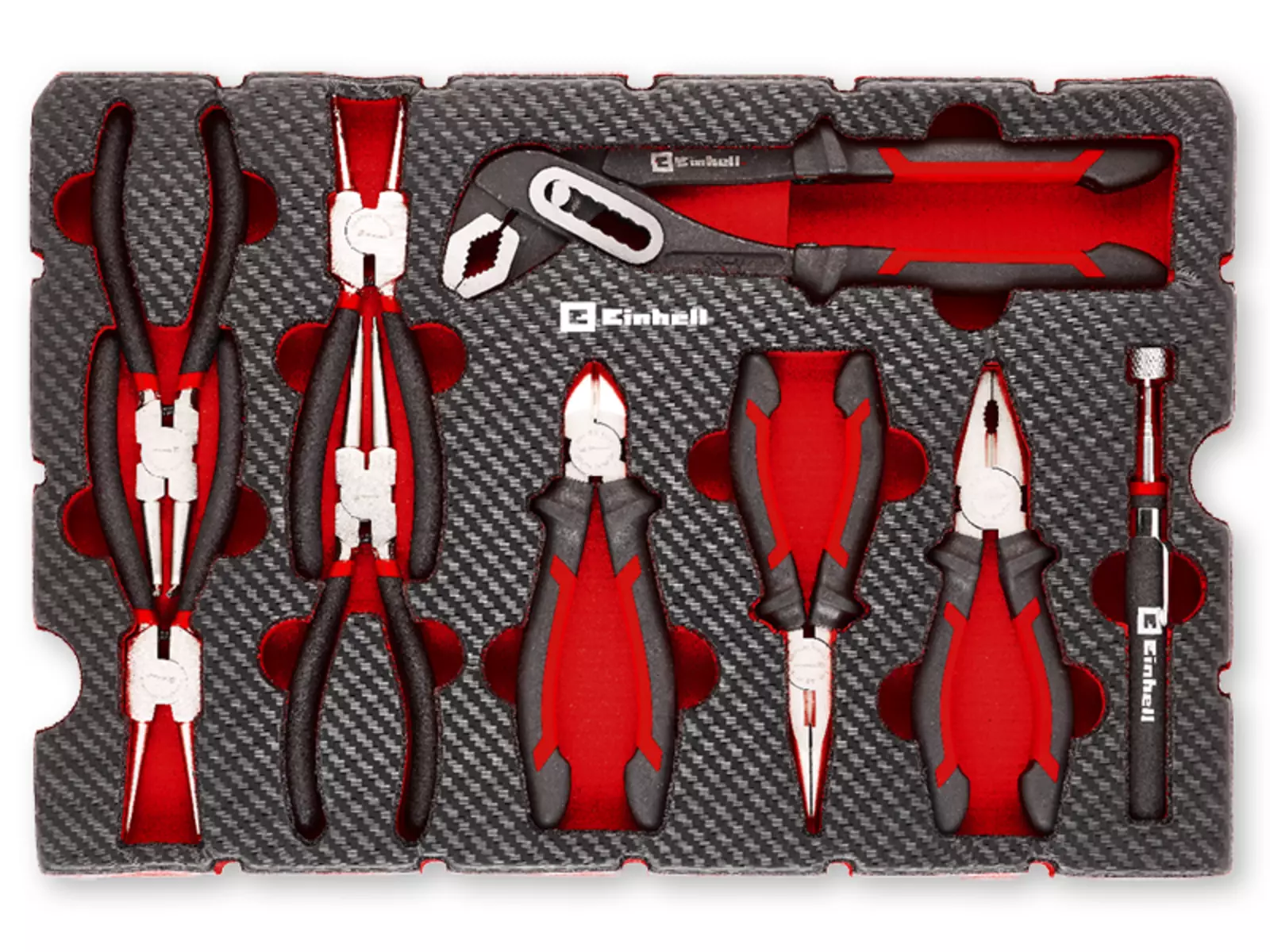 Einhell tool pad in carbon look with nine red and black pliers for various mechanical applications, shown in top view.