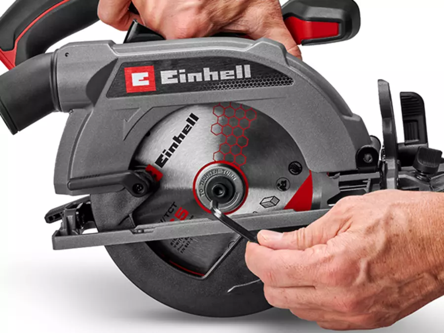 Saw blade change on the Einhell Cordless Handheld Circular Saw TE-CS 18/165-2 Li - Solo using a hex key.