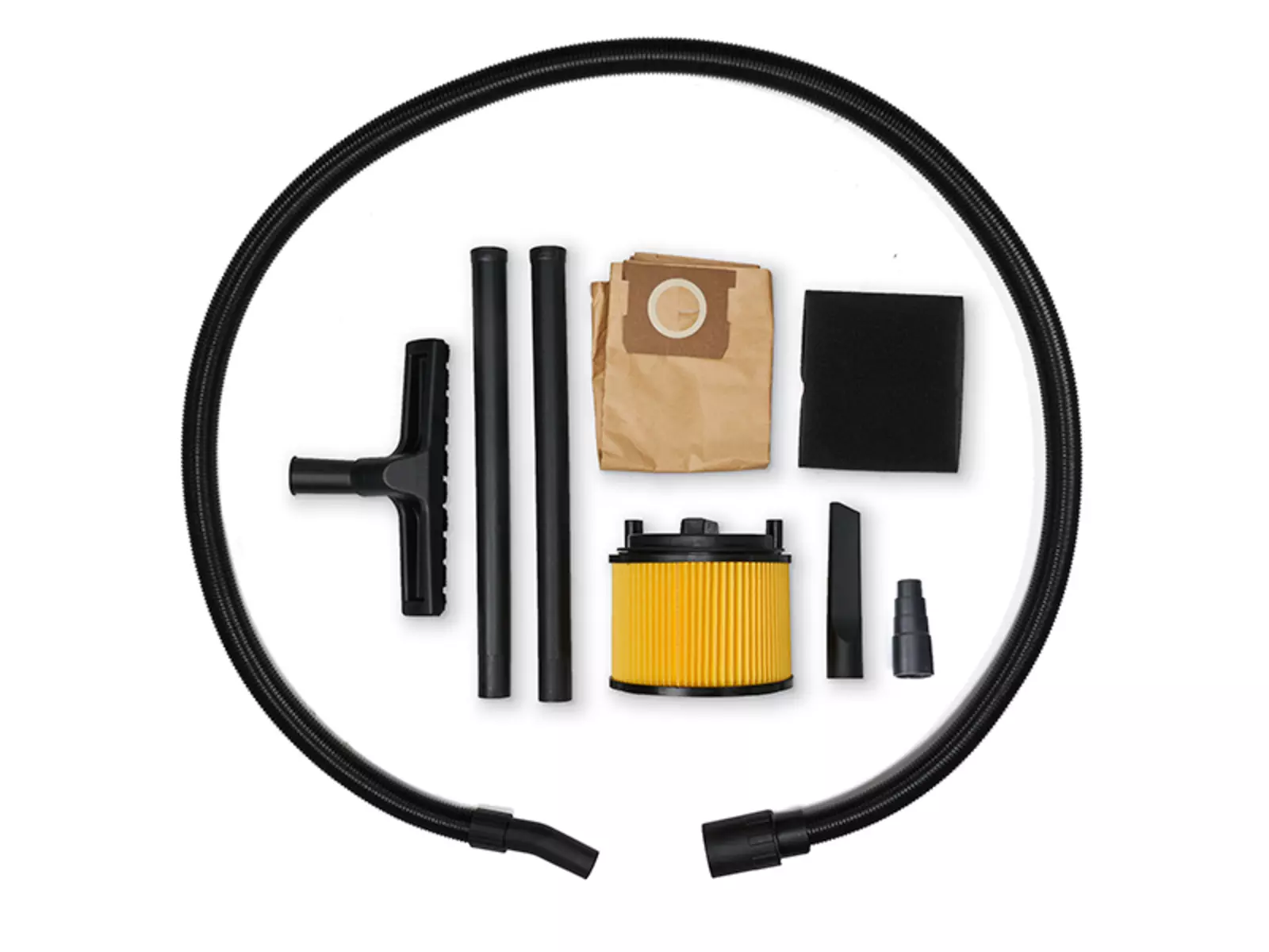 Accessori dell'aspirapolvere a umido e a secco Einhell TC-VC 2555 A su sfondo bianco: tubo flessibile di aspirazione, due tubi di prolunga, bocchetta per pavimenti, sacchetto filtro di carta, filtro in spugna, filtro a pieghe, bocchetta per fessure e adattatore.