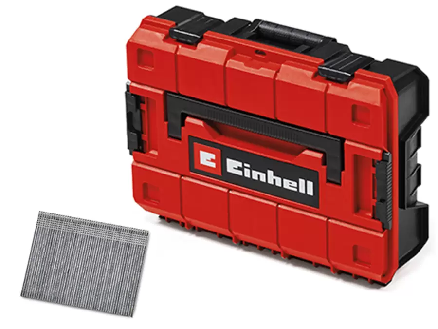 Der Einhell Akku-Nagler FIXETTO 18/50 N S-F wird mit Zubehör geliefert, darunter ein Magazin mit Nägeln.