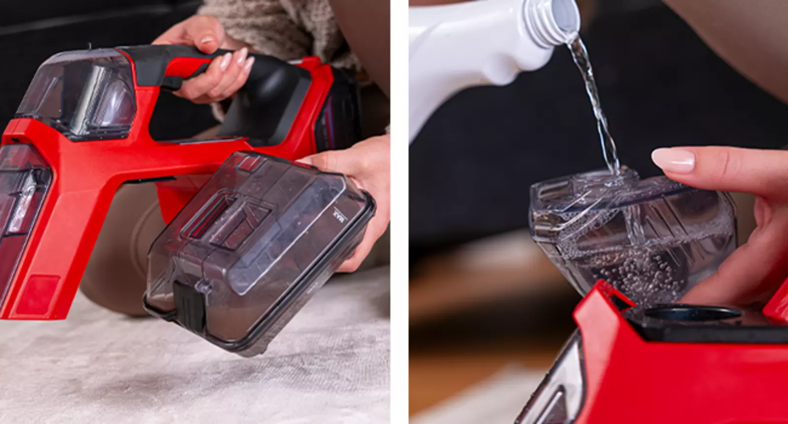The Einhell cordless spot cleaner TE-SCL 18/200 Li-Solo with detachable waste and fresh water tanks, shown in two detailed views.