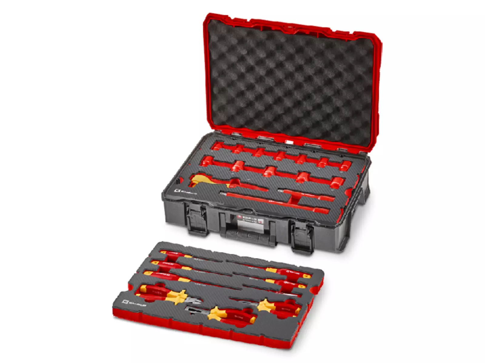 Angled view of an open Einhell E-case with insulated screwdrivers, pliers and sockets in red-yellow, stored in two removable tool pads.