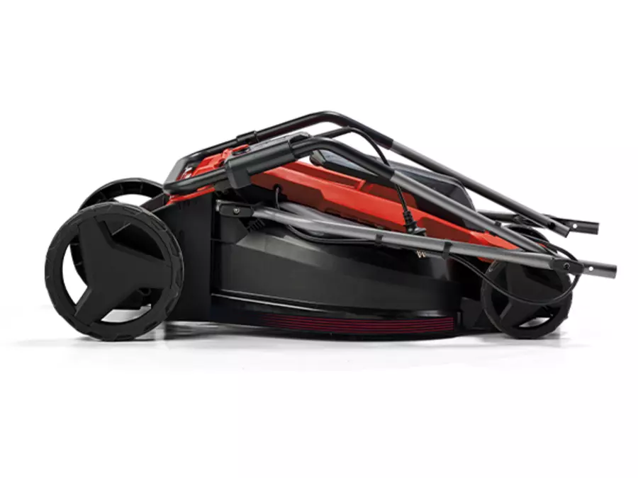 The Einhell electric lawn mower GC-EM 1800/43 with folded guide bar for space-saving storage.