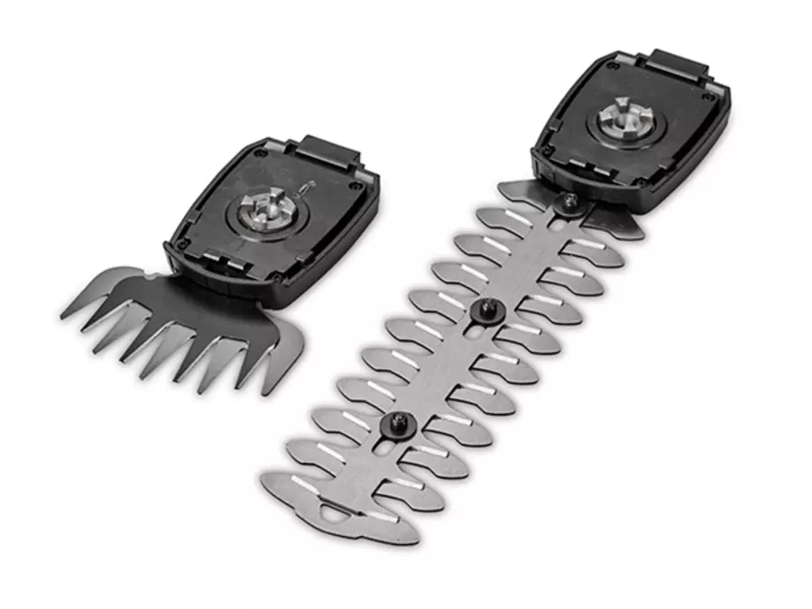 Two interchangeable blades of the Einhell cordless grass and shrub shear GE-CG 18/100 Li - 3 in 1 - Solo side by side on a white background.